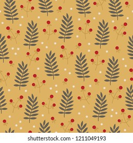 Christmas seamless pattern with leaves, berries and snowflakes on gold background. Perfect for holiday invitations, winter greeting cards, wallpaper and gift paper 