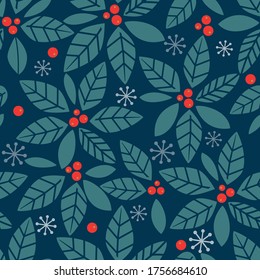 Christmas seamless pattern with leaves and berries. 