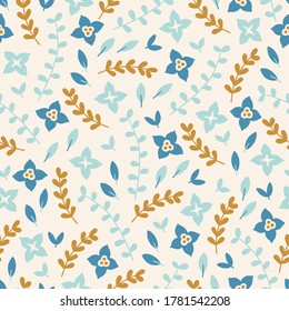 Christmas seamless pattern with leaves, flowers, branches on beige background. Perfect for winter holidays, New Year greetings, gift paper, wallpaper