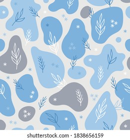 Christmas seamless pattern with leaves, snowflakes, fir branches, abstract shapes on grey background. Perfect for holiday invitations, winter greeting cards, wallpaper and gift paper 