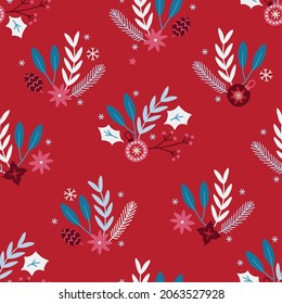Navidad sin costuras con hojas, copos de nieve, ramas de abeto, bola, berry holly sobre fondo rojo. Estilo escandinavo. Perfecto para vacaciones de invierno, papel de envoltura de Navidad, tela. Ilustración del vector