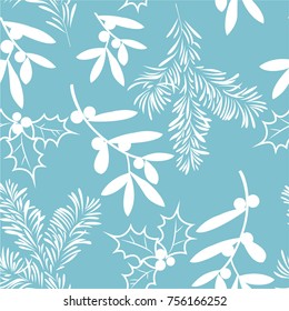 Christmas Seamless Pattern With Leaves, Spruce  And Berries.  Vector Illustration.