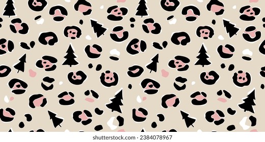 Christmas seamless pattern of leopard spots and Christmas tree. Pink black white Christmas tree and leopard pattern. Print for holiday design