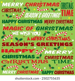 Christmas seamless pattern with christmas lettering, berry and candy cane
