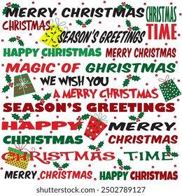 Christmas seamless pattern with christmas lettering, berry and present
