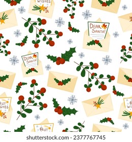 Navidad sin fisuras, con letras Querido Santa, mejores deseos. Estilo plano. Sobres festivos, letras, estrellas doradas, ramas de mistletoe, holly, tiernos copos de nieve. Tonos verdes, rojos y amarillos.