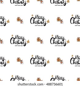 Christmas seamless pattern with lettering and gift boxes with presents. Beautiful vector background for decoration xmas designs. Cute minimalistic art elements on white backdrop.