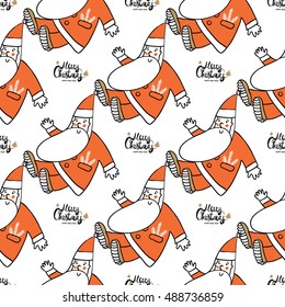 Christmas seamless pattern with lettering and greeting Santa Claus. Beautiful vector background for decoration xmas designs. Cute minimalistic art elements on white backdrop.