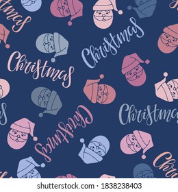 Patrón de Navidad sin fisuras. Leer con Santa Claus se enfrenta a un dibujo de doodle sobre fondo azul. Diseño dibujado a mano para papel pintado, envoltura, raspado. Ilustración de invierno.