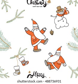 Christmas seamless pattern with lettering, small fir twig, christmas stocking, snowman, dancing Santa Claus kicking cone. Beautiful vector background for decoration xmas designs.