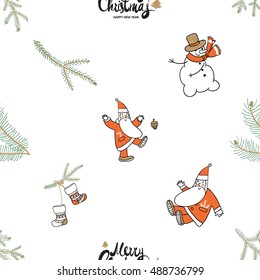Christmas seamless pattern with lettering, christmas stocking on fir twig, snowman, greeting Santa Claus. Beautiful vector background for decoration xmas designs. 