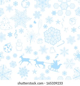 Christmas seamless pattern with light blue snowflakes and xmas symbols