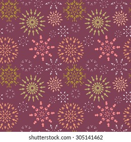 Christmas seamless pattern. Light color snowflake signs on dark red, vinous background. Winter theme retro texture. Vector illustration.