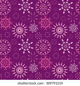 Christmas seamless pattern. Light color snowflake signs on dark, purple, vinous, lilac background. Winter theme retro texture. Vector illustration.