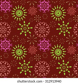 Christmas seamless pattern. Light color snowflake signs on dark red, vinous background. Winter theme retro texture. Vector illustration.
