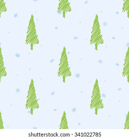 Christmas seamless pattern. Light green Christmas tree. Blue snowflakes. Light background. The minimalism. New year design. Hand drawn. Vector illustration.
