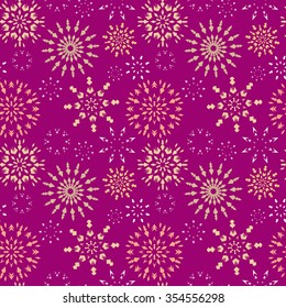 Christmas seamless pattern. Light yellow and orange snowflakes on magenta background. Winter theme retro texture. Vector illustration.