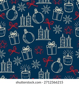Weihnachten nahtlose Muster Linie Kunst Zeichnung Art Style. Nettes Weihnachtsdesign für Winterurlaub, Neujahr, Grußkarten, Party Einladungen Design, Stoff, Textil, Geschenkpapier. Vektorgrafik. Keine AI