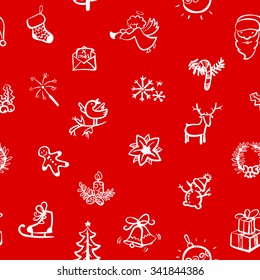 Christmas seamless pattern in line art style. Background with doodle Santa Claus, red nosed deer, gingerbread man, snowman, gifts, bells, decoration ball, christmas tree, stocking, poinsettia and card