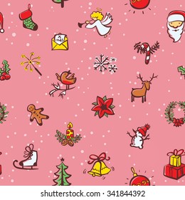 Christmas seamless pattern in line art style. Background with doodle Santa Claus, red nosed deer, gingerbread man, snowman, gifts, bells, decoration ball, christmas tree, stocking, poinsettia and card