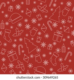 Christmas seamless pattern with line christmas trees, gifts, snowflakes, mittens