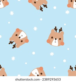 Christmas seamless pattern of little bear with antlers and snowflakes on winter blue background vector.