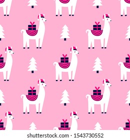Christmas seamless pattern with a Christmas llama in fir tree forest. Winter holidays repeatable background. Vector illustration.
