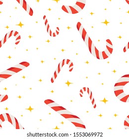 Christmas seamless pattern with lollipop, candy, stars on a white background. Scandinavian style. Vector illustration