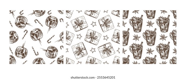 Christmas seamless pattern with lollipops, gift boxes, and hot drinks