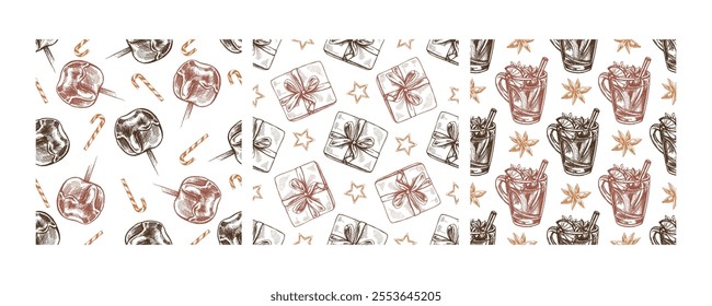 Christmas seamless pattern with lollipops, gift boxes, and hot drinks