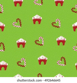 Christmas  seamless pattern. Lollipops and gingerbread houses on a green background.