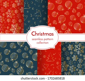 Christmas seamless pattern luxury collection Snowflake Christmas tree ball toy sweet candy New Year Christmas holiday background wallpaper wrapper Set seamless pattern print Winter luxury theme Vector