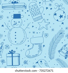Christmas seamless pattern made of doodled gifts, snowman and items related to holiday.