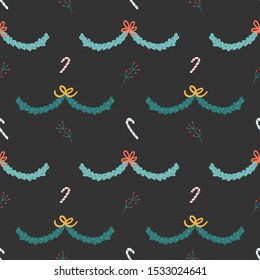 Christmas seamless pattern made of illustrations, with fir branches and wreaths, holiday canes and berries. Hand drawn doodles made as seasonal winter backdrop, wrapping paper, invitation card