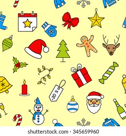 Christmas seamless pattern made with outline icons in flat style. Abstract backgrounds. Backdrop mobile smart phone tablet desktop wallpaper banner web design element scrap booking textile