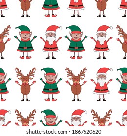 Christmas seamless pattern made from Santa Claus, Elf and Deer characters on white background.