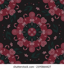 Weihnachten Nahtloses Muster. Mandala Lollipop, Heart lollipop und Candy Cane. Weihnachtsbaum und Sterne. Schokolade, Himbeere und grüne Farben. Vektorgrafik.