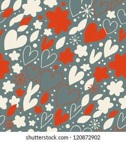 Christmas seamless pattern with many cute details. Hand drawn doodle background with hearts and flowers. Ornate damask texture