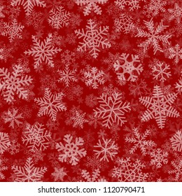 Christmas seamless pattern of many layers of snowflakes of different shapes, sizes and transparency. White on red background