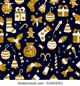Christmas seamless pattern with many winter golden toys. Vector illustration.