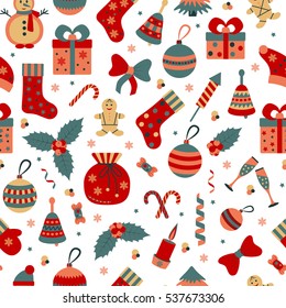 Christmas seamless pattern with many winter doodle toys. Vector illustration.