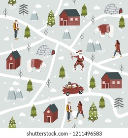 Christmas seamless pattern with map of cartoon town, tree, santa, bear. Nordic style. Vector illustration