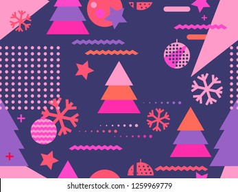 Christmas seamless pattern memphis with snowflakes and fir-trees. Great for brochures, promotional material, wrapping paper and wallpapers. Vector illustration