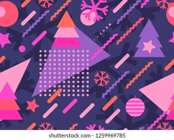 Christmas seamless pattern memphis with snowflakes and fir-trees. Great for brochures, promotional material, wrapping paper and wallpapers. Vector illustration
