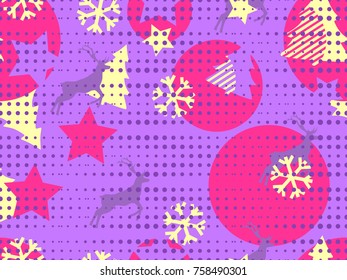 Christmas seamless pattern memphis with snowflakes and deer. Points in the style of pop art. Geometrical figures. Vector illustration