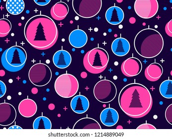 Christmas seamless pattern in memphis style with christmas balls. Great for brochures, promotional material, wrapping paper and wallpapers. Vector illustration