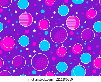 Christmas seamless pattern in memphis style with christmas balls. Great for brochures, promotional material, wrapping paper and wallpapers. Vector illustration