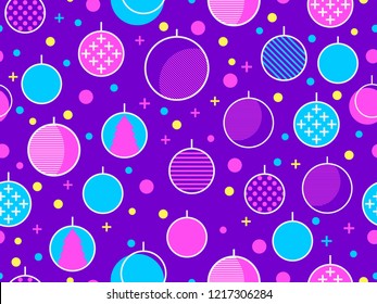 Christmas seamless pattern in memphis style with christmas balls. Great for brochures, promotional material, wrapping paper and wallpapers. Vector illustration