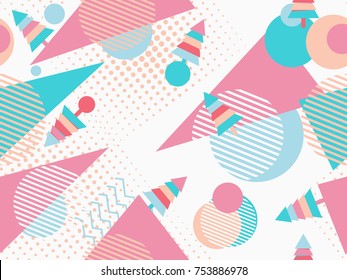 Christmas seamless pattern memphis style with geometric shapes and fir-trees. Vector illustration