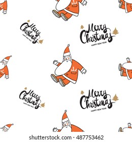 Christmas seamless pattern with Merry Christmas lettering and greeting Santa Claus. Beautiful vector background for decoration xmas designs. Cute minimalistic art elements on white backdrop.